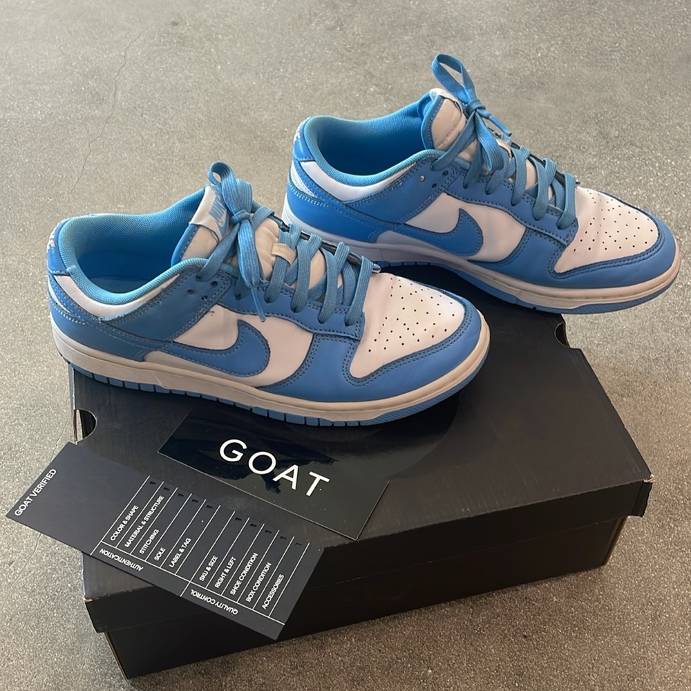 Nike dunk lows. University blue. Purchased from GOAT. Great condition.